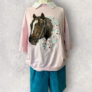 Vintage 90s Horse Puffypaint Collared Tshirt